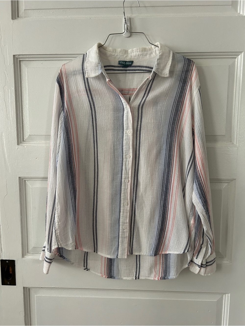 Fleur Bleue Striped Button-Down Shirt - White with Blue & Pink Stripes